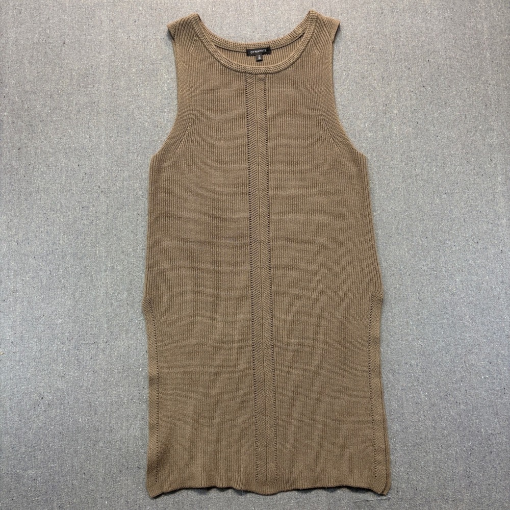 Dynamite Lagenlook Ribbed Knit Sleeveless Longline Tunic Top Camel Size M